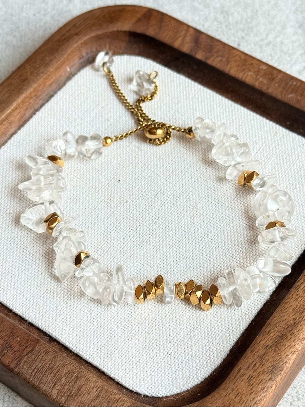 Clear Crystal Chip Bracelet with Gold Accents Adjustable Length